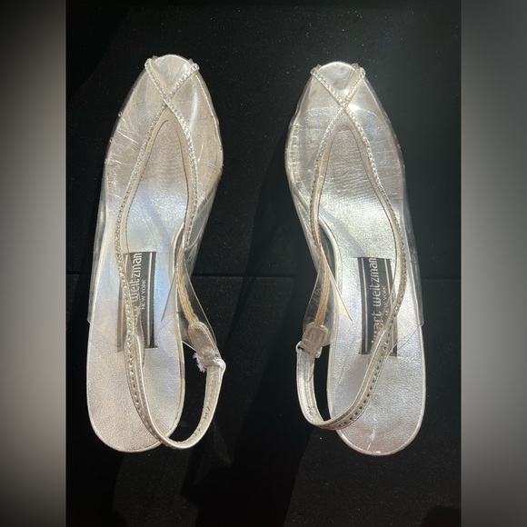 STUART WEITZMAN Clear Peep Toe Sling Back Silver Vintage Heels - Picture 6 of 15
